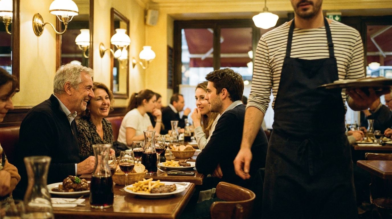 Illustration d’un serveur et de convives dans un bistrot parisien