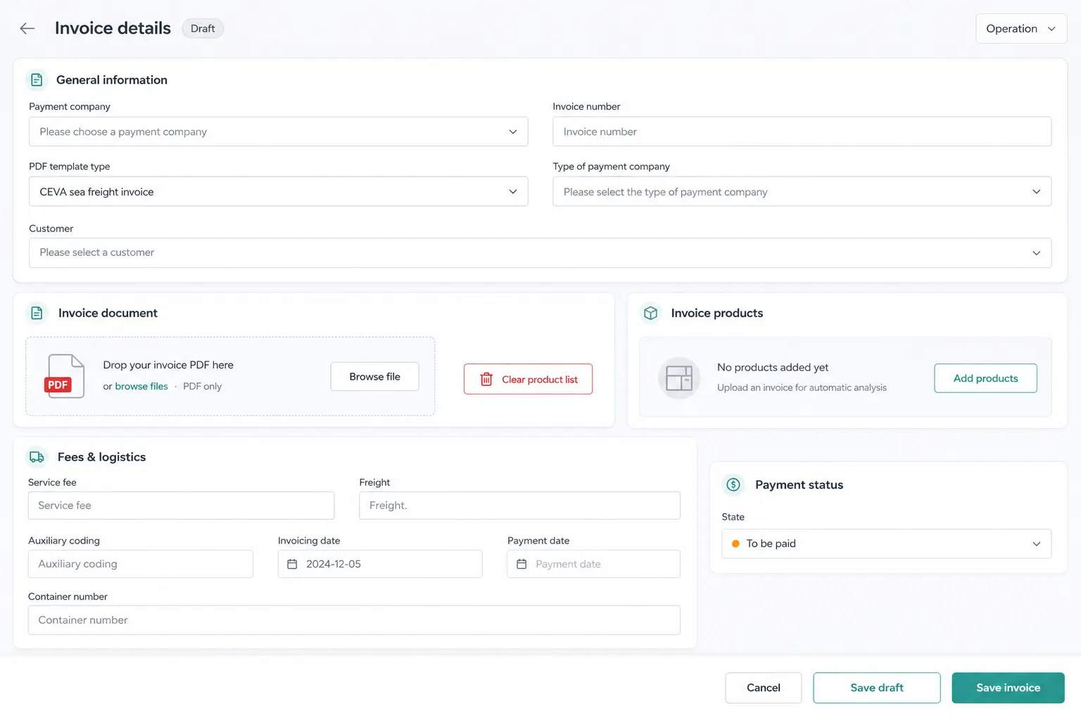 Douan Invoice — interface detail